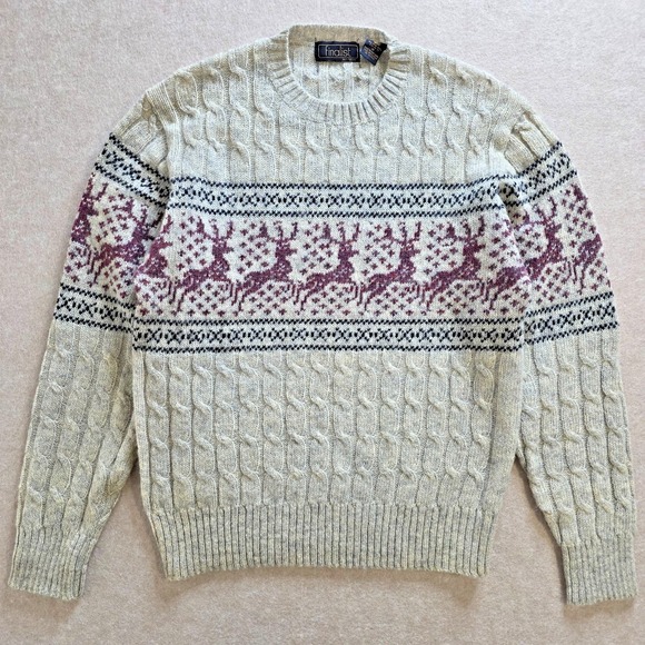VTG Finalist Shetland Wool Sweater Sz M Fair Isle Cable Knit Reindeer Holiday - Picture 1 of 12